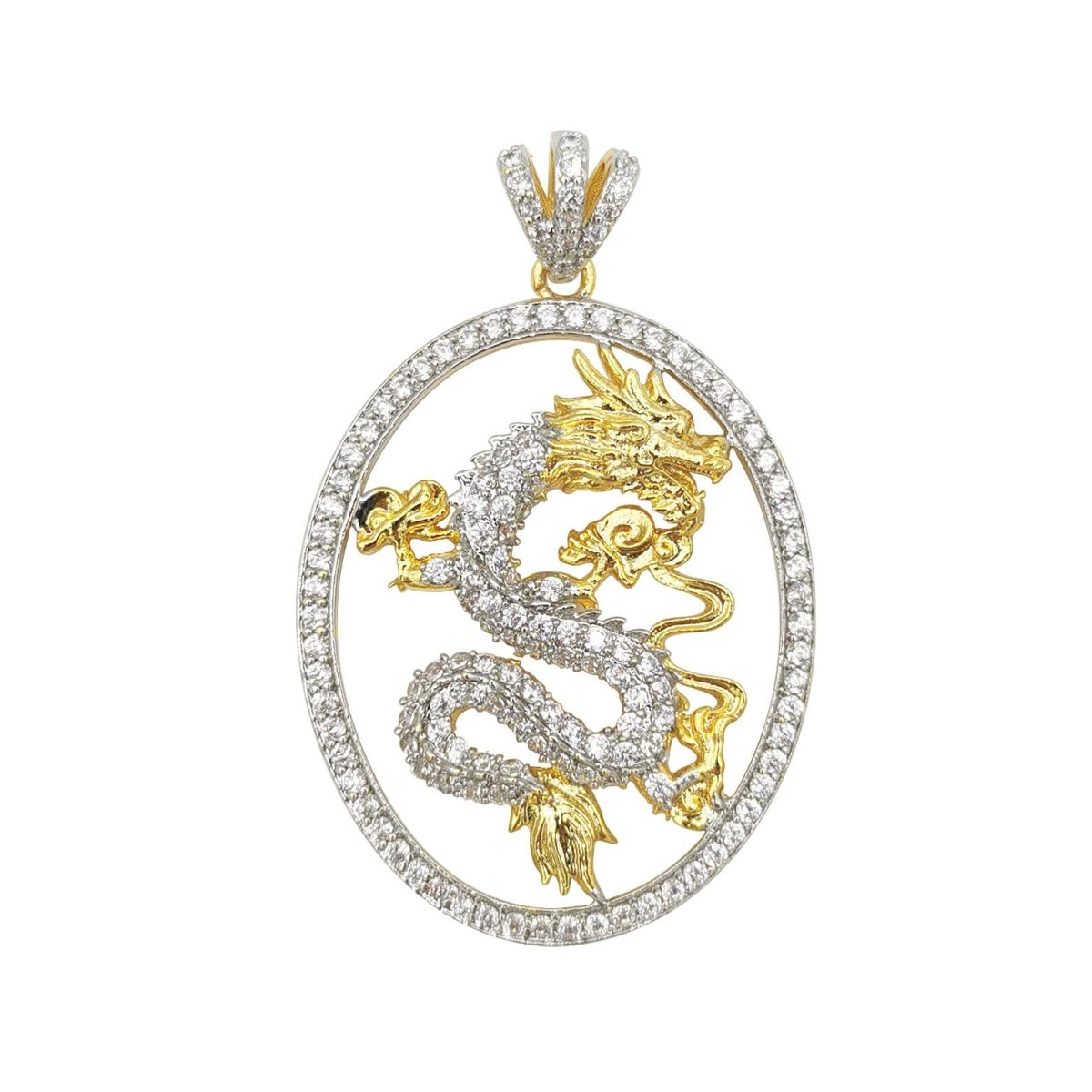 33x26mm Wholesale Gold Plated Gold and Silver Chinese Dragon Pendant with Micro Pave CZ Rhinestones, Pendant for Necklace Bracelet Anklet Making J-189