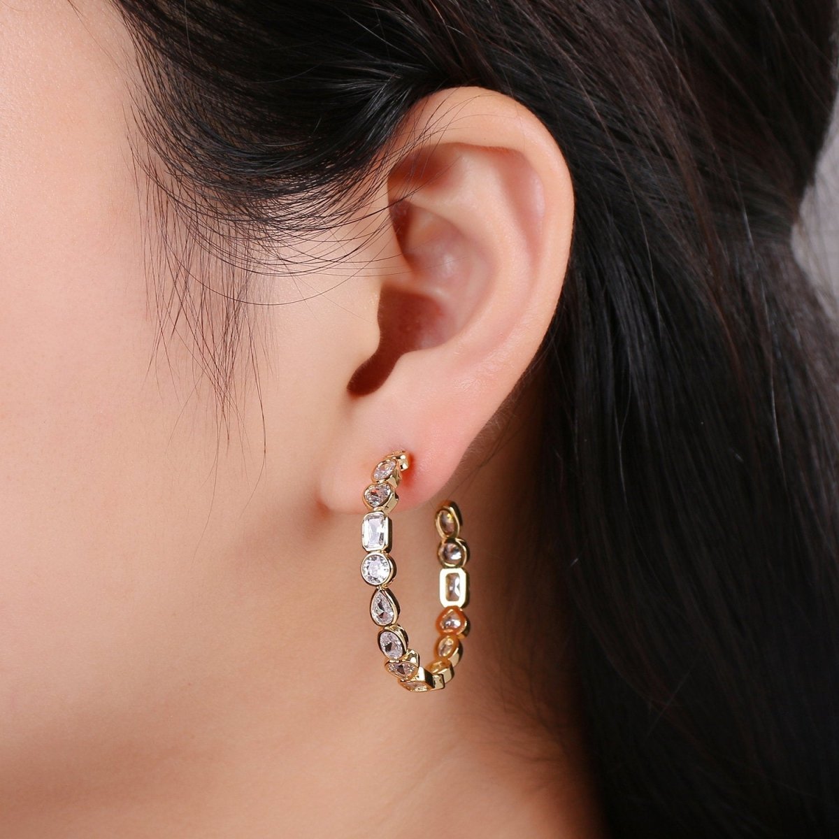 14K Gold Filled 35mm Irregular Geometric CZ Bezel C-Shaped Hoop Earrings | K569