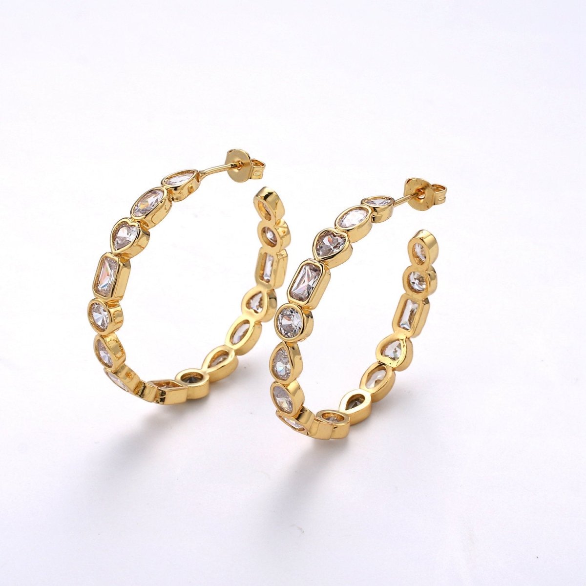 14K Gold Filled 35mm Irregular Geometric CZ Bezel C-Shaped Hoop Earrings | K569