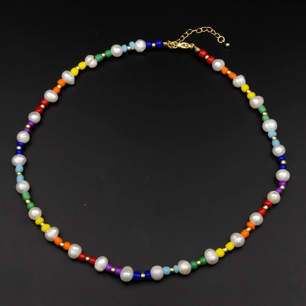 7mm Natural Ringed Button Freshwater Pearl Multicolor Rainbow Bead 16 Inch Choker Necklace w. Extender | WA-302 Clearance Pricing