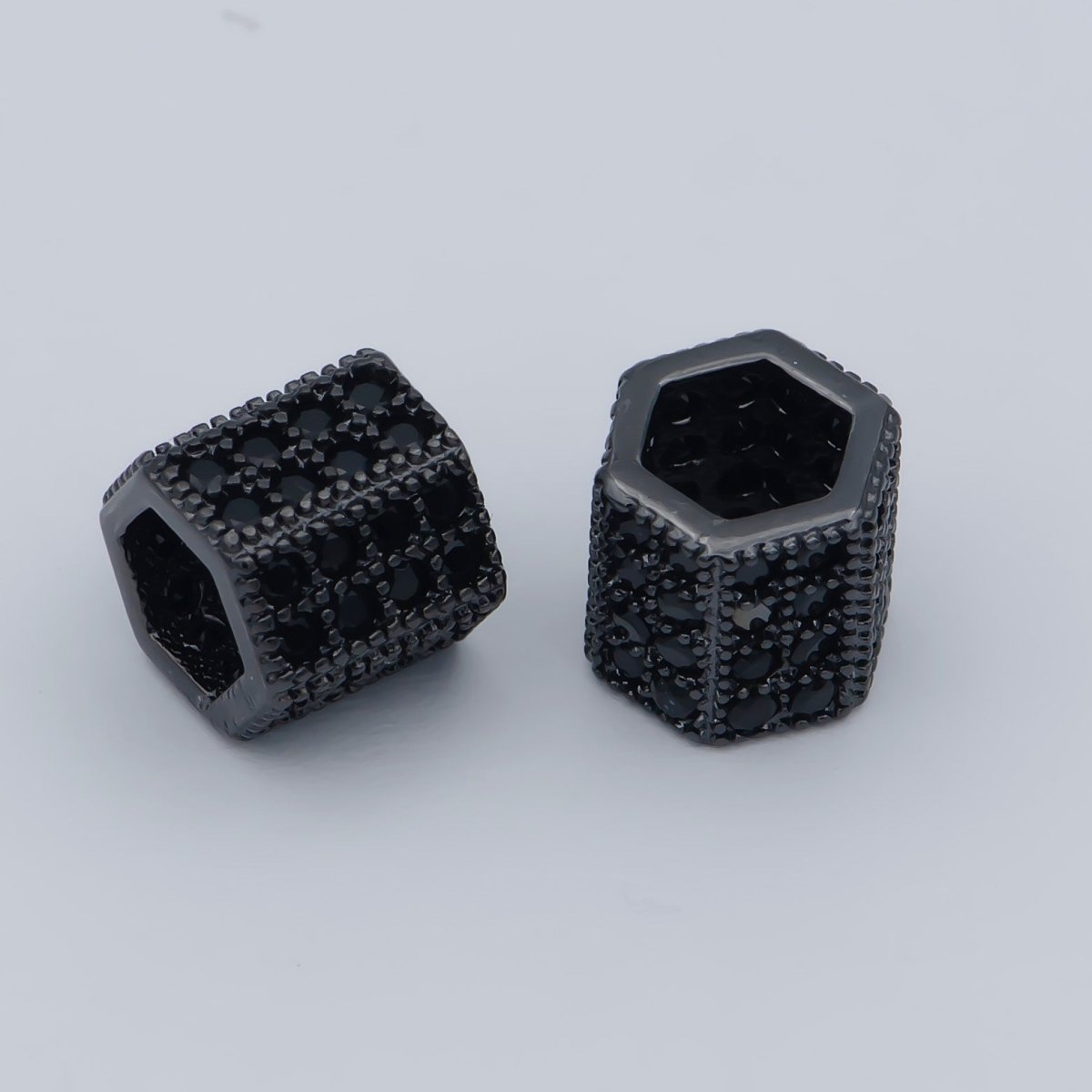8MM Black CZ Pave On Black Large Hole Hexagon Tube Spacer Beads, Cubic Zirconia Tube Space Beads, Men's Jewelry Findings B-543