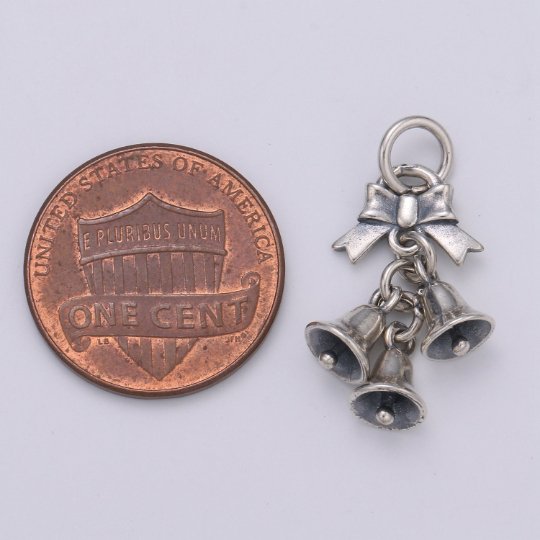 925 Sterling Silver Bells Charm Charm, Holiday Charm Silver Ribbon Charm for Necklace Bracelet Earring, Dangling Charm SL-197