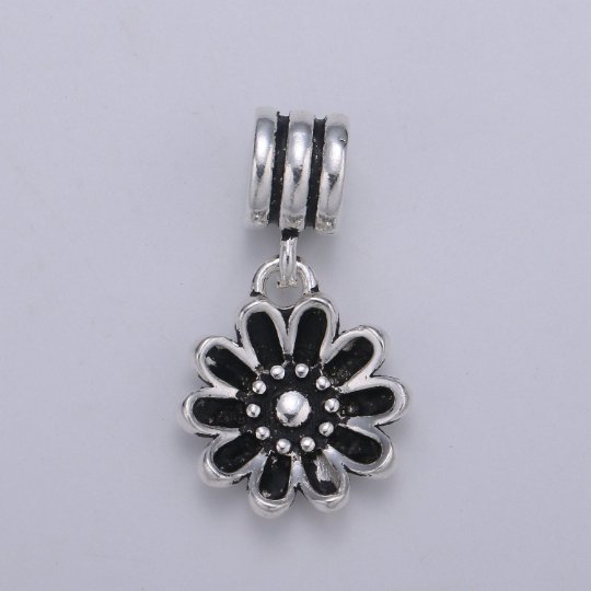 925 Sterling Silver Black Flower Charm,  Antique Silver Flower Charm Daisy Flower Charm for Necklace Bracelet Earring, Floral Charm, SL-HJ-77