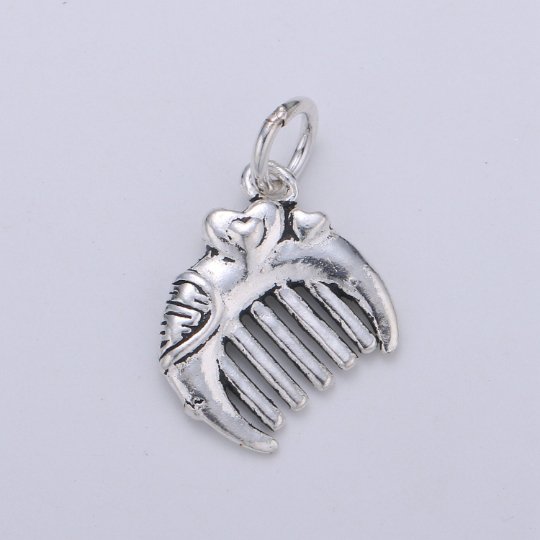 925 Sterling Silver Comb Charm, Mulan Comb Charm Silver Hair Brush Charm for Necklace Bracelet Earring, Heart Charm SL-107