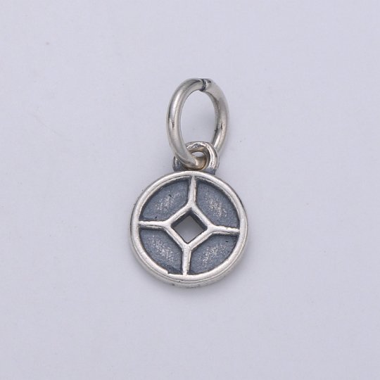 925 Sterling Silver Diamond Charm,  Coin Antique Silver Bear Charm Circle Round Disc Charm for Necklace Bracelet Earring, SL-149