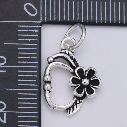 925 Sterling Silver Flower Bangle Charm, Floral Charm Silver Black Flower Charm for Necklace Bracelet Earring, Cute Flower Charm, SL-085