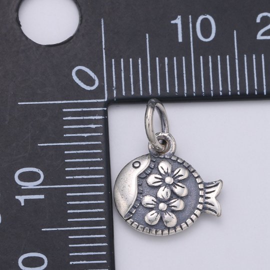 925 Sterling Silver Flower FIsh Charm, Animal Charm Silver Flower Charm for Necklace Bracelet Earring, Floral Charm SL-173