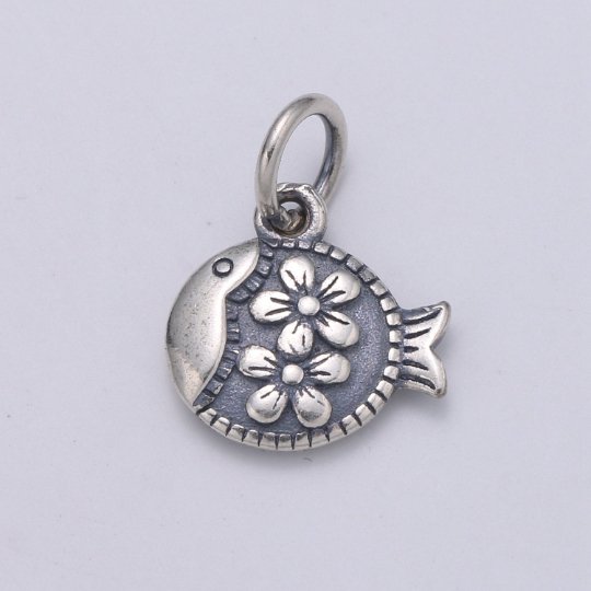 925 Sterling Silver Flower FIsh Charm, Animal Charm Silver Flower Charm for Necklace Bracelet Earring, Floral Charm SL-173