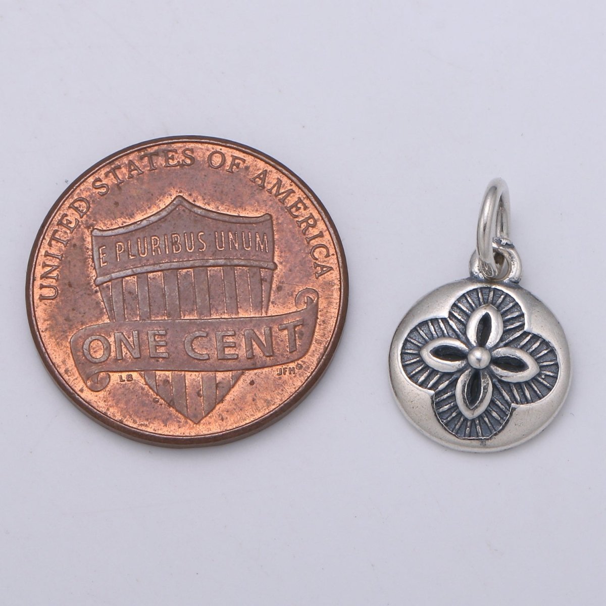 925 Sterling Silver Four Petal Flower Charm, Coin Floral Charm Silver Black Flower Charm for Necklace Bracelet Earring, Flower Charm SL-164