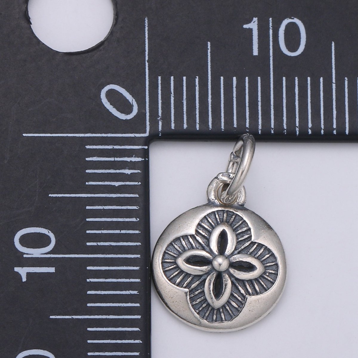 925 Sterling Silver Four Petal Flower Charm, Coin Floral Charm Silver Black Flower Charm for Necklace Bracelet Earring, Flower Charm SL-164