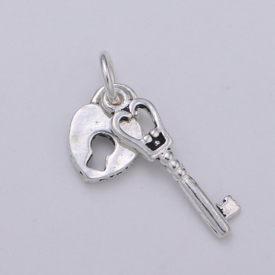 925 Sterling Silver Heart Lock and Key Charm, Couples Charm Silver Heart Charm for Necklace Bracelet Earring, Two Piece Charm SL-193