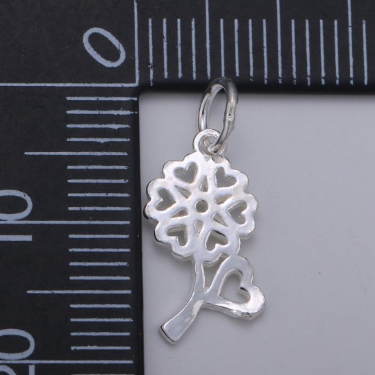 925 Sterling Silver Love Flower Charm, Floral Charm Silver Flower Charm for Necklace Bracelet Earring, Heart Charm, SL-HJ-98