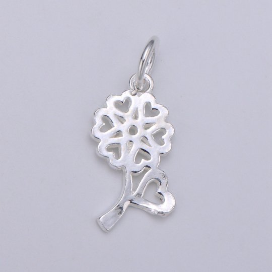 925 Sterling Silver Love Flower Charm, Floral Charm Silver Flower Charm for Necklace Bracelet Earring, Heart Charm, SL-HJ-98