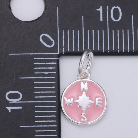 925 Sterling Silver Pink Compass Charm, Coin Compass Charm Silver Compass Charm for Necklace Bracelet Earring, Travel Charm SL-051