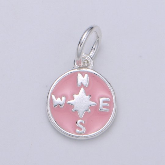925 Sterling Silver Pink Compass Charm, Coin Compass Charm Silver Compass Charm for Necklace Bracelet Earring, Travel Charm SL-051