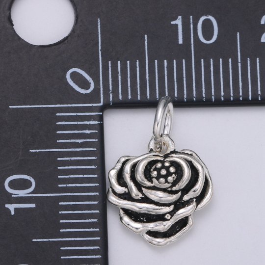 925 Sterling Silver Rose Charm, Floral Charm Silver Black Rose Charm for Necklace Bracelet Earring, Floral Charm SL-138