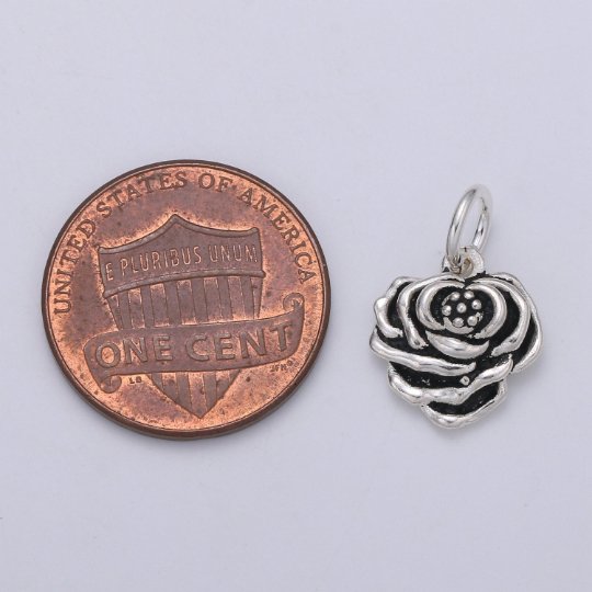 925 Sterling Silver Rose Charm, Floral Charm Silver Black Rose Charm for Necklace Bracelet Earring, Floral Charm SL-138
