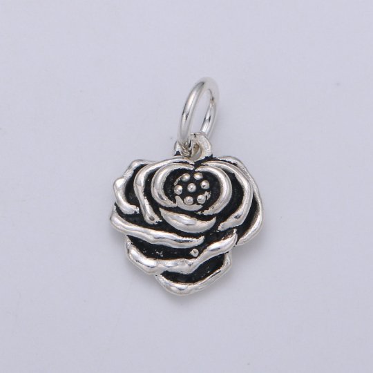 925 Sterling Silver Rose Charm, Floral Charm Silver Black Rose Charm for Necklace Bracelet Earring, Floral Charm SL-138