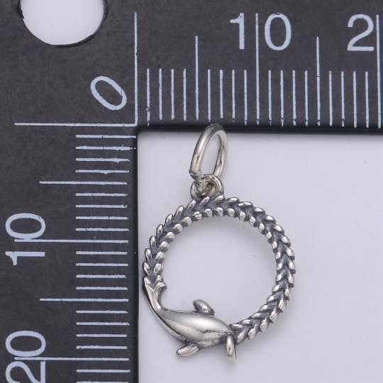 925 Sterling Silver Seaweed Dolphin Charm, Circle Charm Silver Baby Dolphin Charm for Necklace Bracelet Earring, Seaweed Charm SL-131