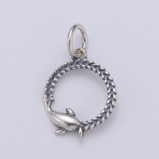 925 Sterling Silver Seaweed Dolphin Charm, Circle Charm Silver Baby Dolphin Charm for Necklace Bracelet Earring, Seaweed Charm SL-131