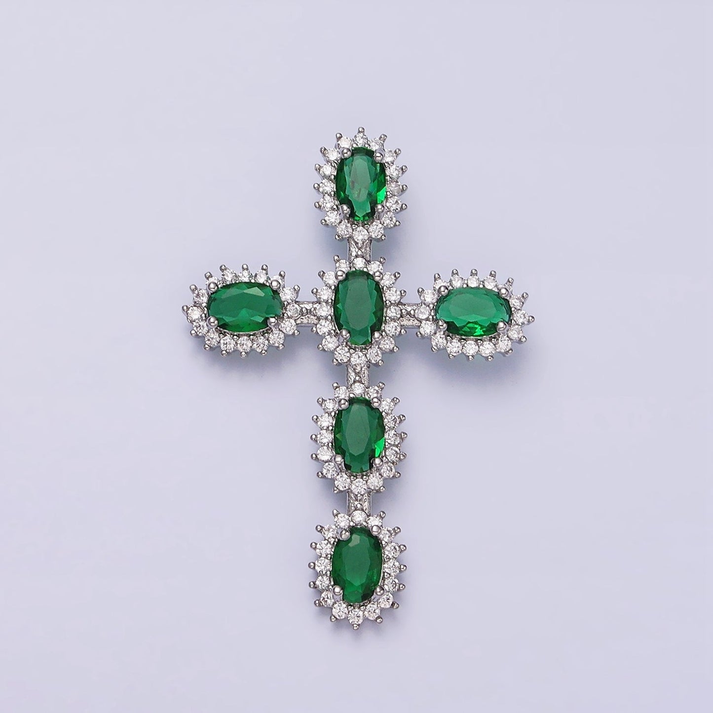 16K Gold Filled Emerald Green Oval Religious Cross Pendant in Gold & Silver | AA493 AA494