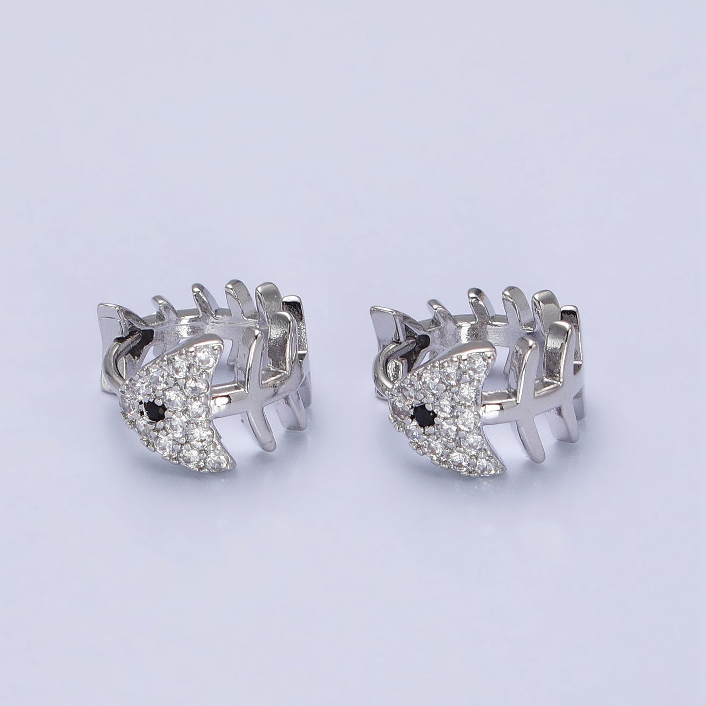 Gold, Silver Black-Eyed Ocean Fish Bone Micro Paved CZ 13mm Huggie Earrings | AB457 AB461