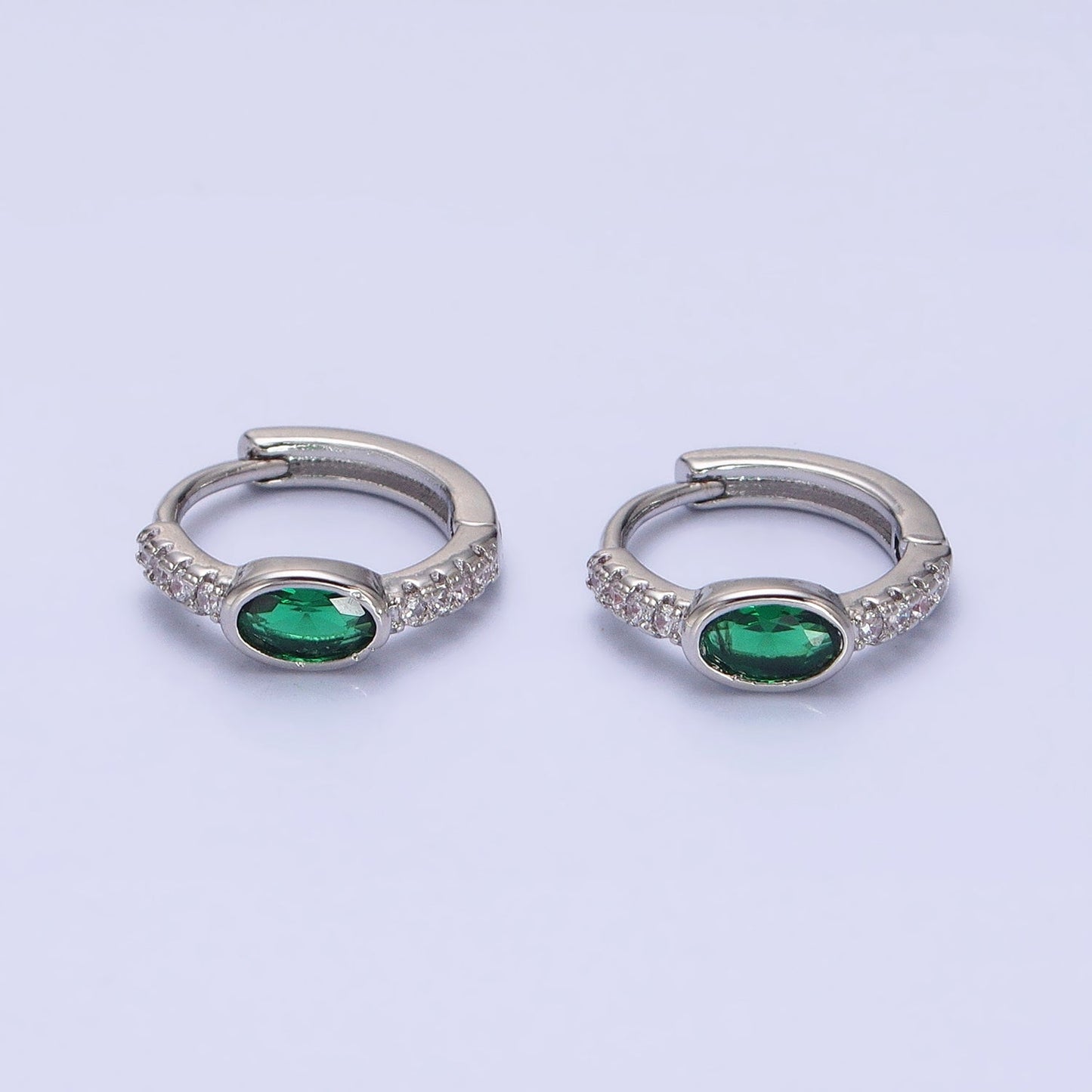 16K Gold Filled Emerald Green Oval Micro Paved CZ 13mm Huggie Earring in Gold & Silver | AD865 AD866