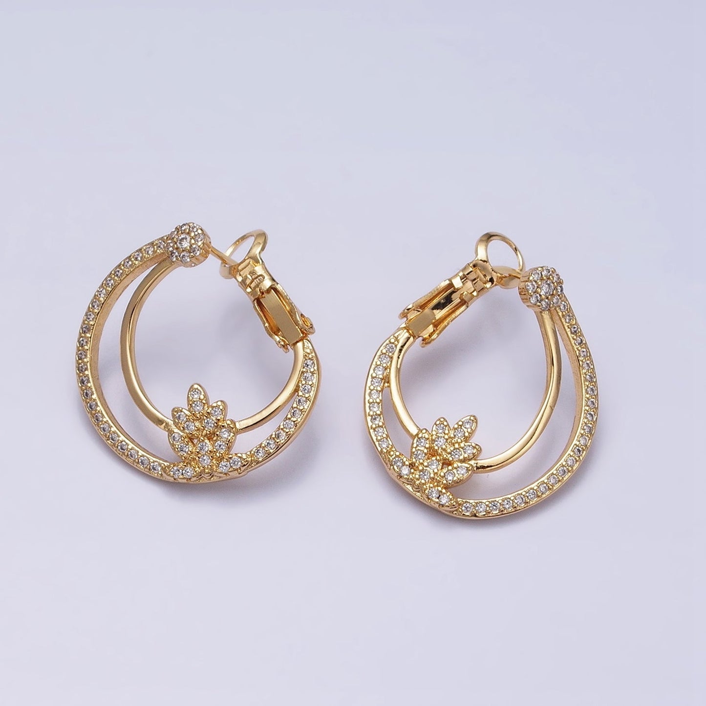 16K Gold Filled Plant Double Bar Micro Paved CZ Front-Facing Hinge Hoop Earrings in Gold & Silver | AD901 AD902