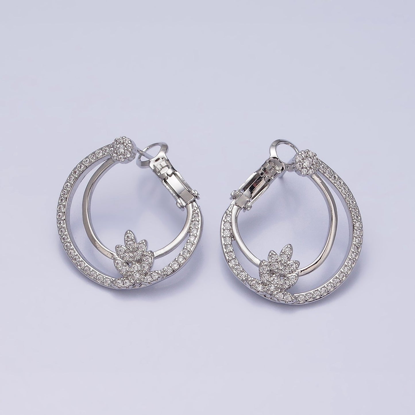 16K Gold Filled Plant Double Bar Micro Paved CZ Front-Facing Hinge Hoop Earrings in Gold & Silver | AD901 AD902