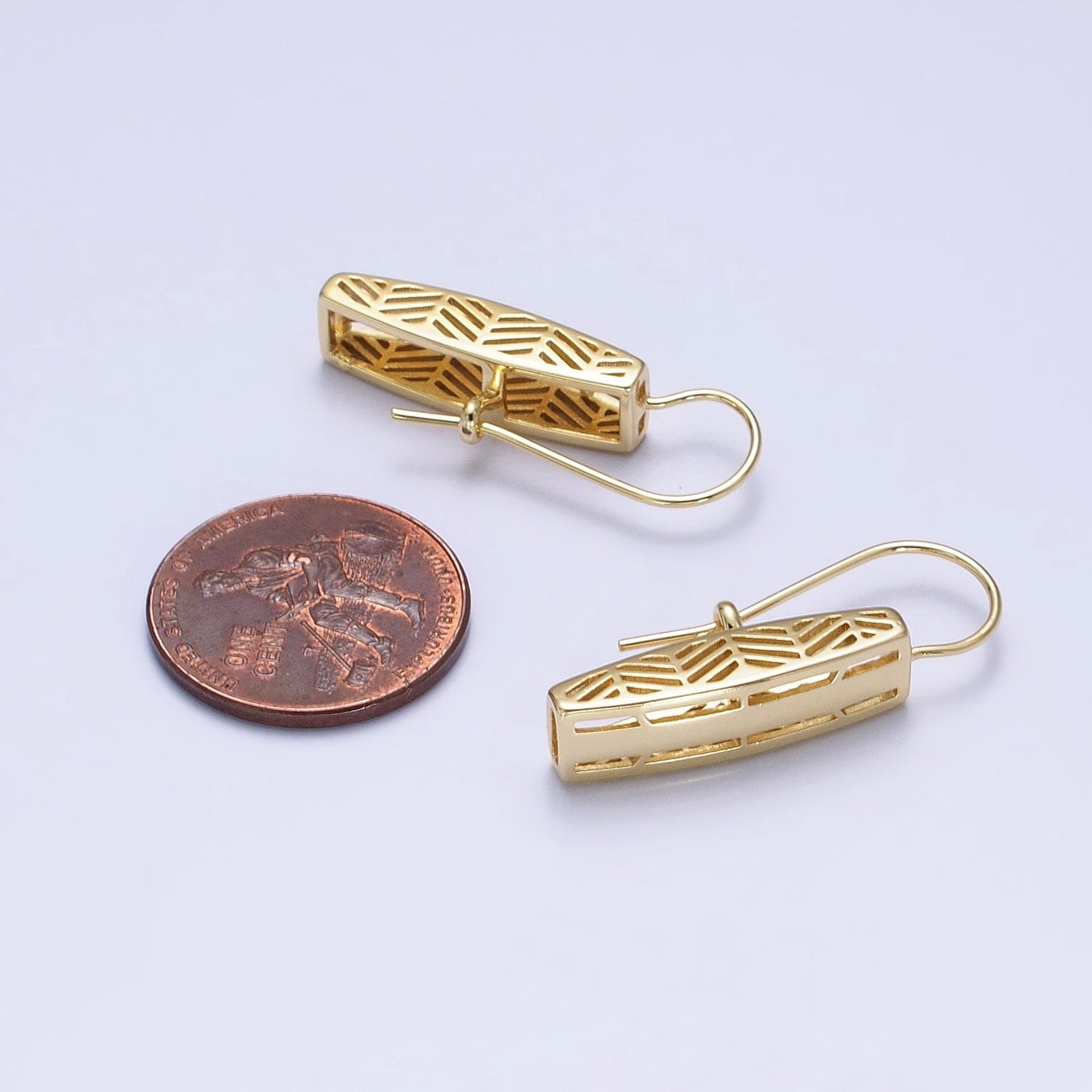 14K Gold Filled Open Filigree Bar Rectangular Latch French Hook Earrings Set | AD1471