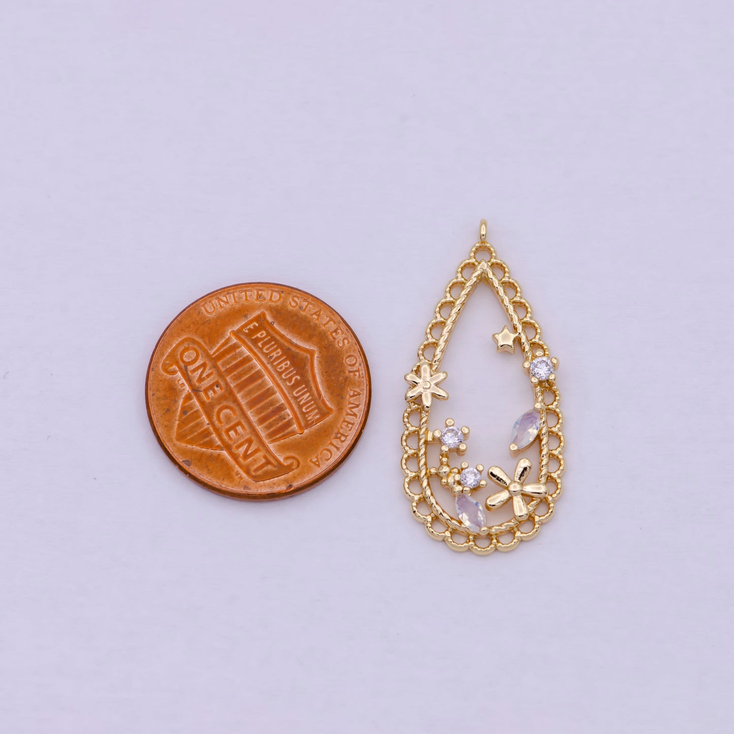 16K Gold Filled CZ Flowers Open Geometric Teardrop Charm | C434