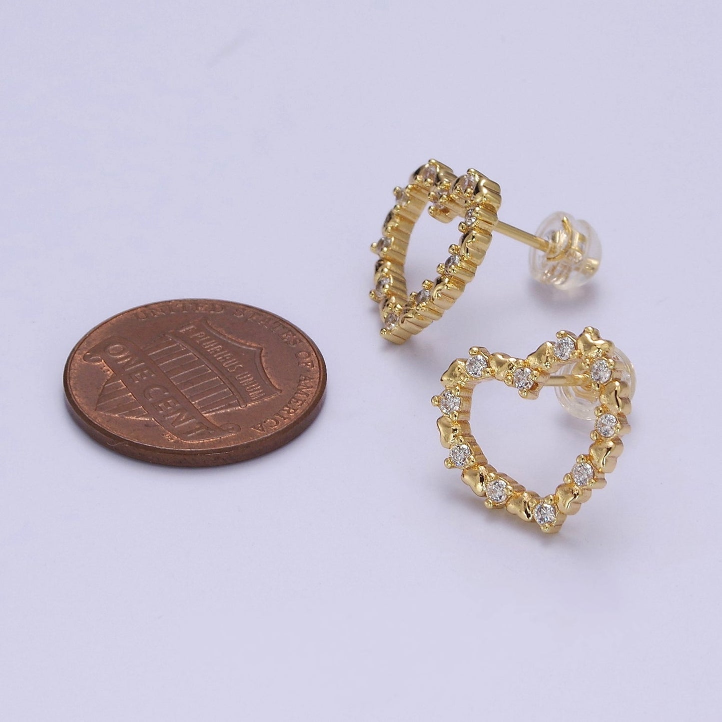 16K Gold Filled 15mm Clear CZ Lined Open Heart Stud Earrings | V121