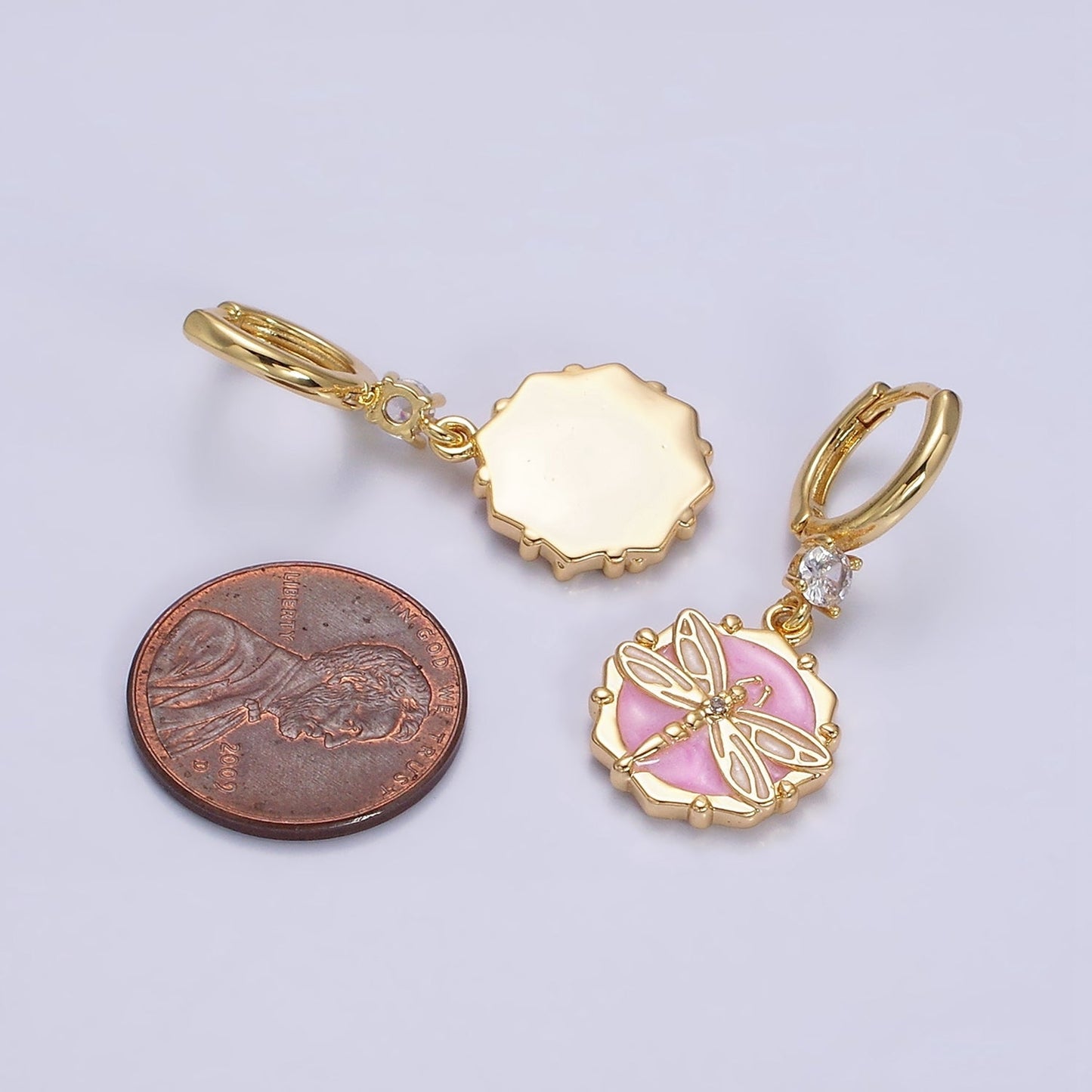 16K Gold Filled Pink, White, Blue Sparkly Enamel Dragonfly Hexagonal CZ Drop Huggie Earrings | AD-402 AD-403 AD-404
