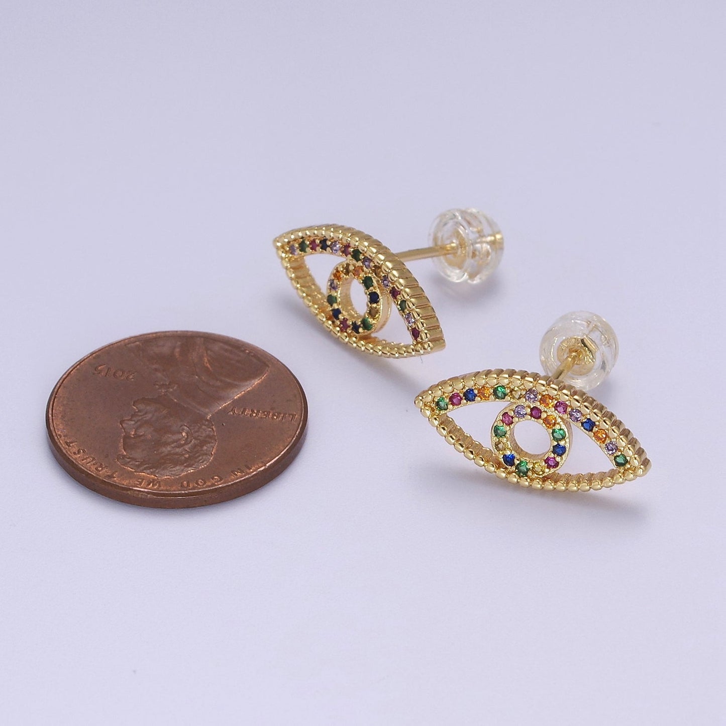 Dainty Gold Rainbow CZ Evil Eye Stud Earring V-099