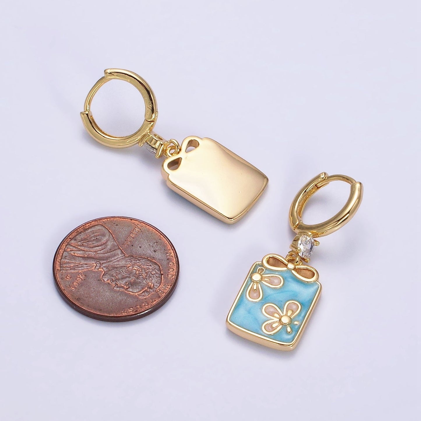 16K Gold Filled Pink, White, Blue Sparkly Enamel Ribbon Bow Rectangular CZ Drop Huggie Earrings | AD-387 AD-388 AD-389