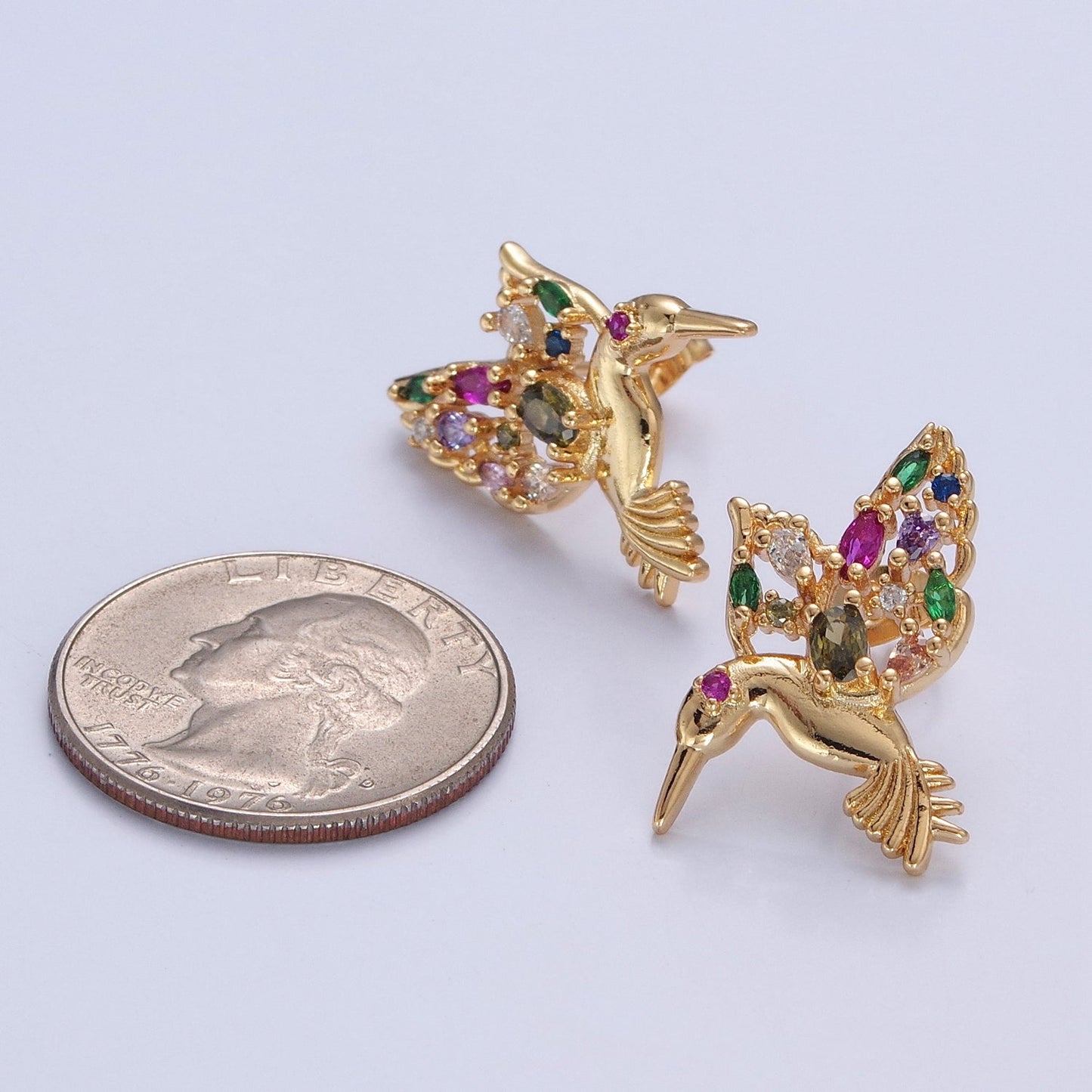 GOLD Hummingbird Stud Earrings, Bird Gift Pave Earrings T-519