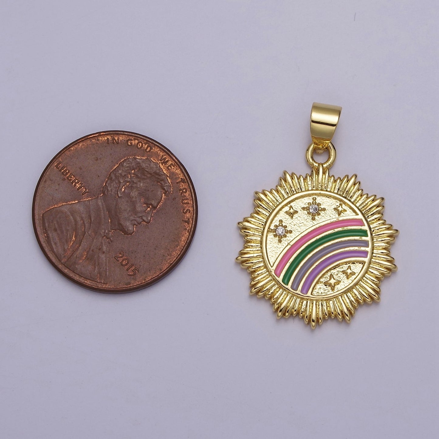 Gold Enamel Rainbow Medallion Pendant with Sunburst Cubic Zirconia Celestial Stars Jewelry For Necklace Earring Making, J-753