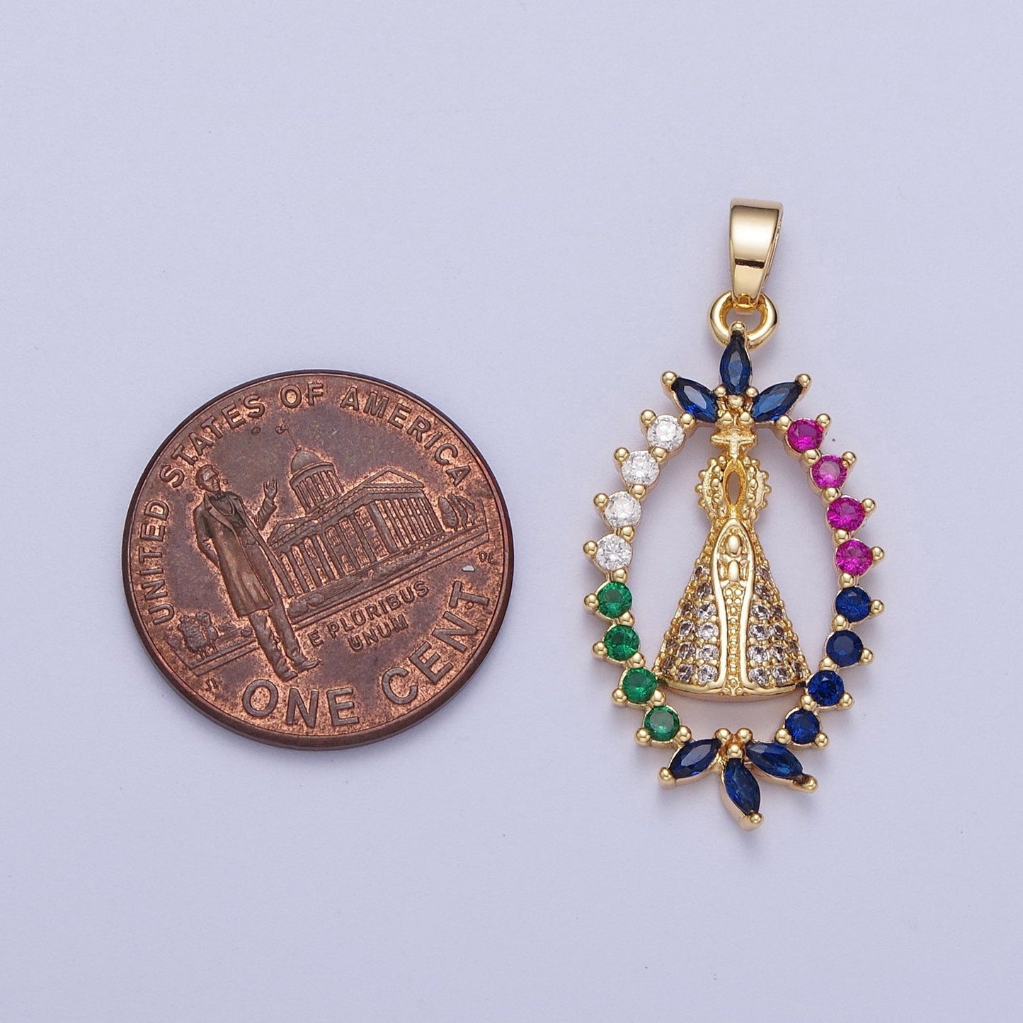 Gold CZ Religious Nossa Senhora Aparecida Pendant, 24K Gold Plated Micro Paved Marquise Cut Colorful CZ Religious Cross The Pope Pendant | X-699