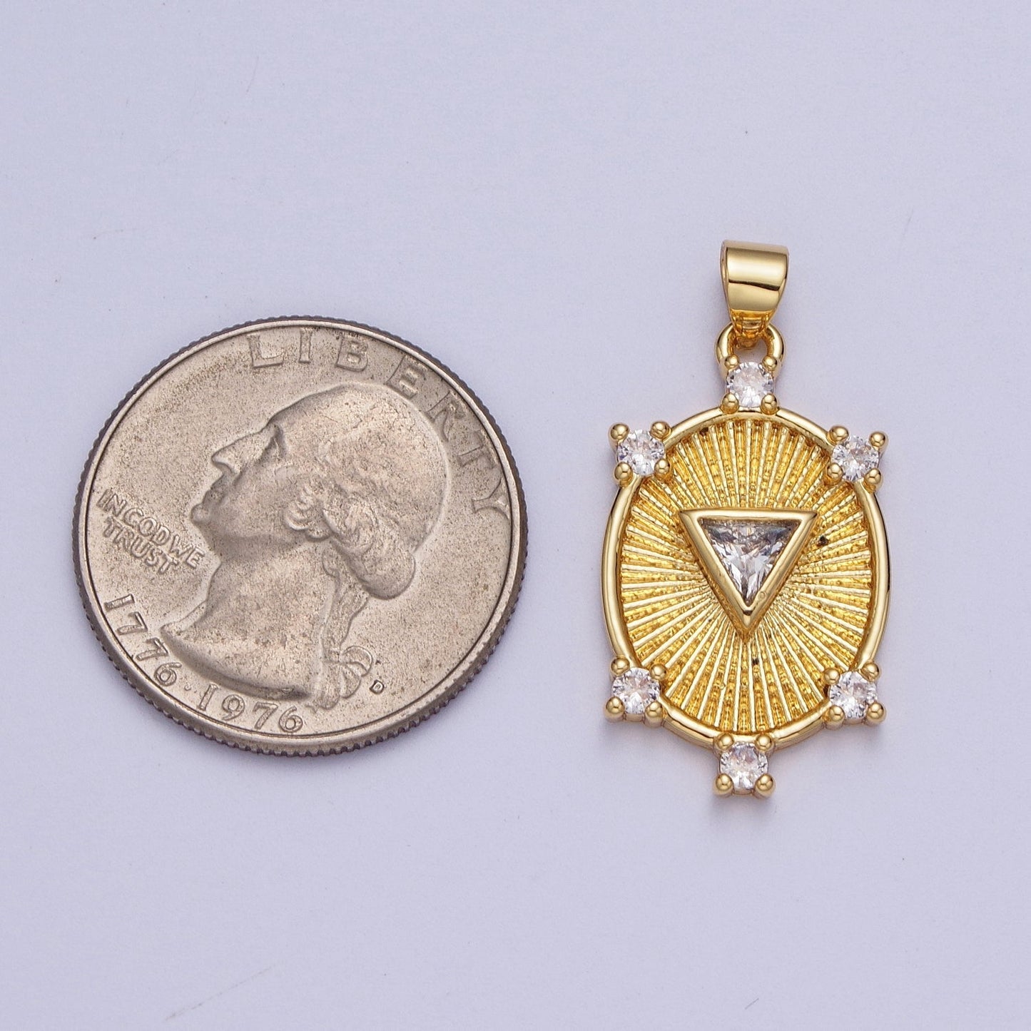 Gold CZ Sunburst Oval Pendant, Gold Clear Micro Paved Triangle Cut Center CZ Sunburst Shining Patterned Oval Medallion Charm | X-540