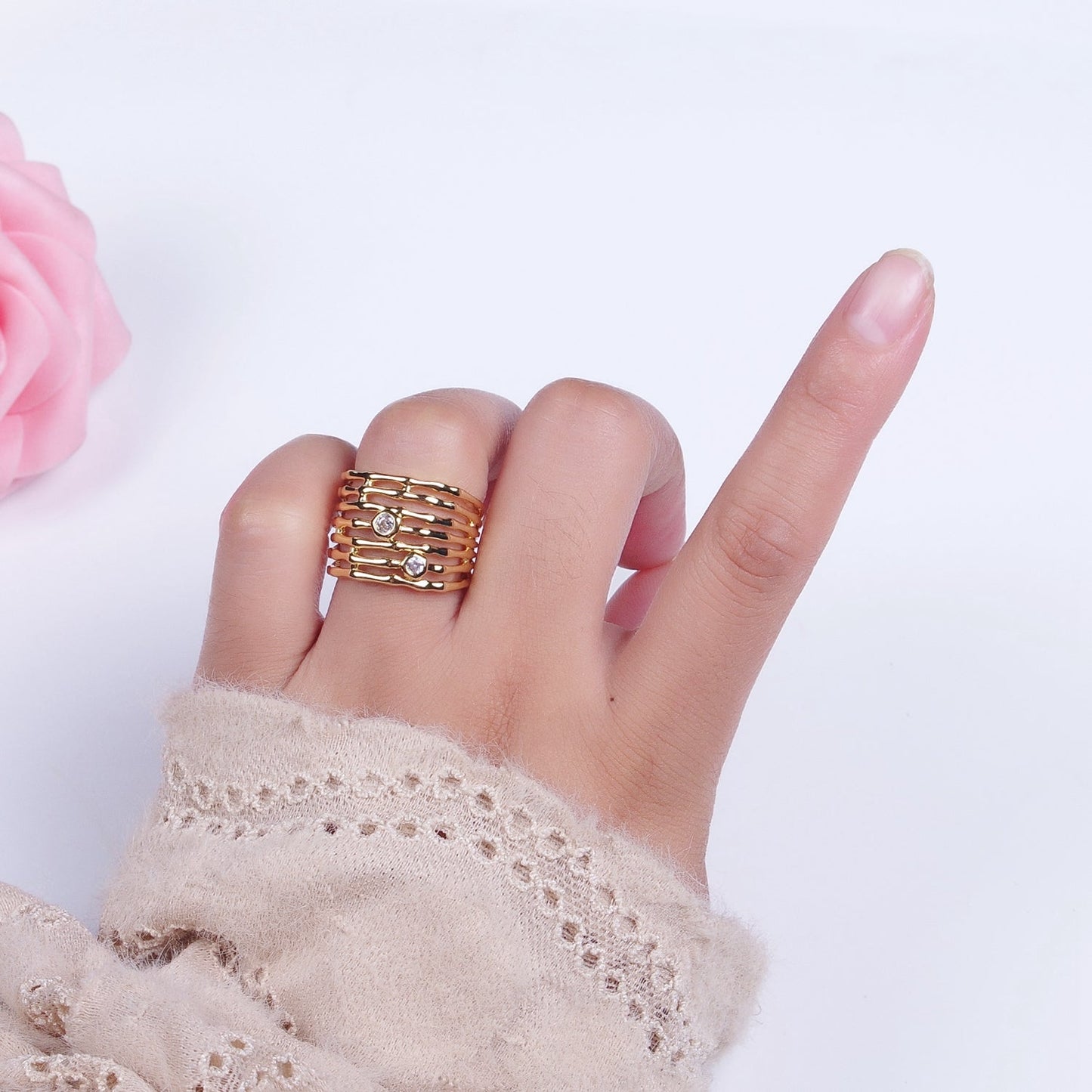 Gold Wide Multiple Bamboo Geometric CZ Band Statement Ring | O-068