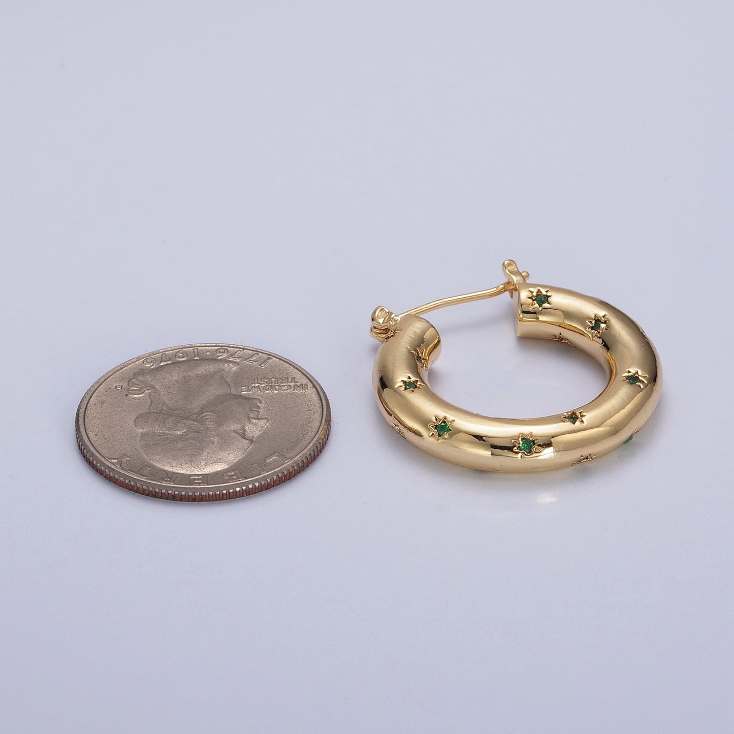 Clear/Green Celestial Star Studded French Lock Hinged Hook Hoop Earrings in Silver & Gold P-383 P-384