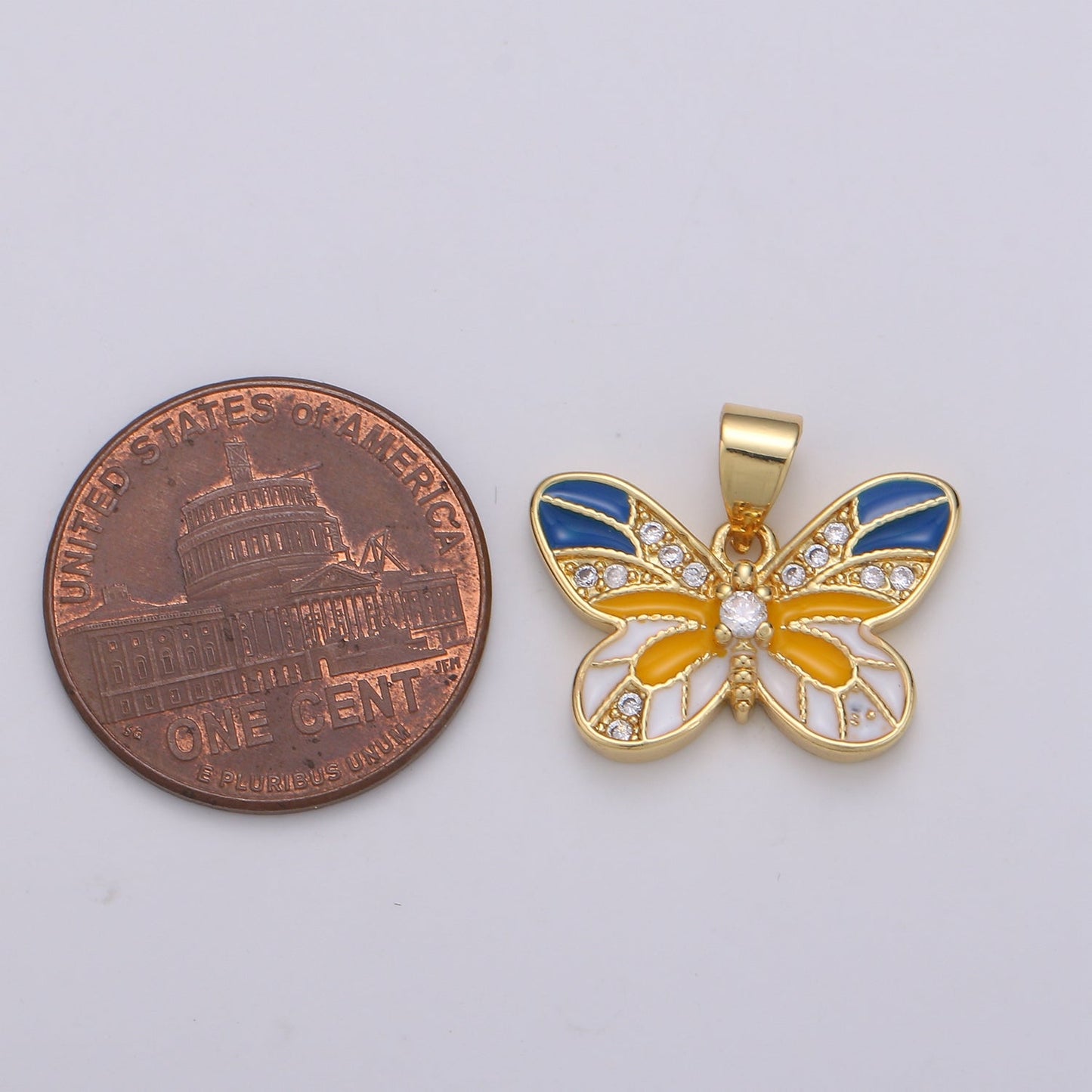 18x15mm Wholesale Gold Plated Blue and Orange Butterfly Pendant with Rhinestones, Pendant for Necklace Bracelet Anklet Making J-208
