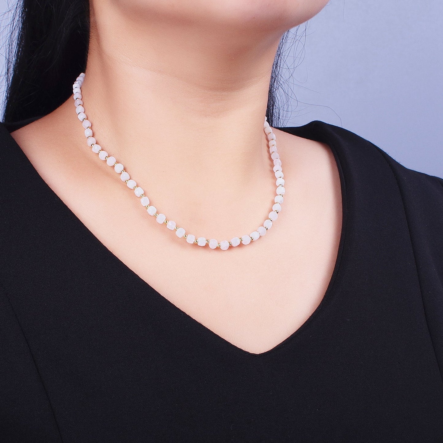 16 Inch Natural White Jade Multi Faceted Cube Gemstone w. Gold Bead Choker Necklace | WA-1445 Clearance Pricing