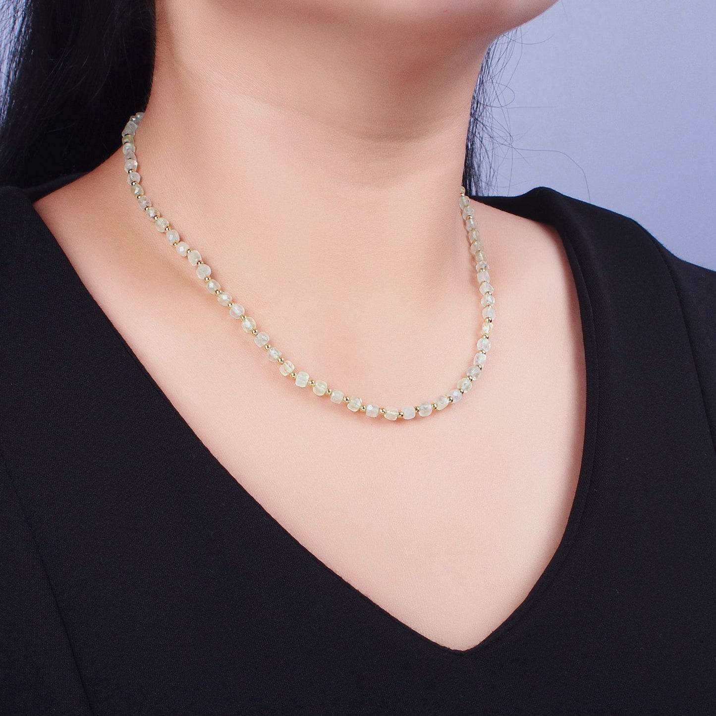 16 Inch Natural Prestolite Green Multifaceted Cube Gemstone w. Gold Bead Choker Necklace | WA-1446 Clearance Pricing