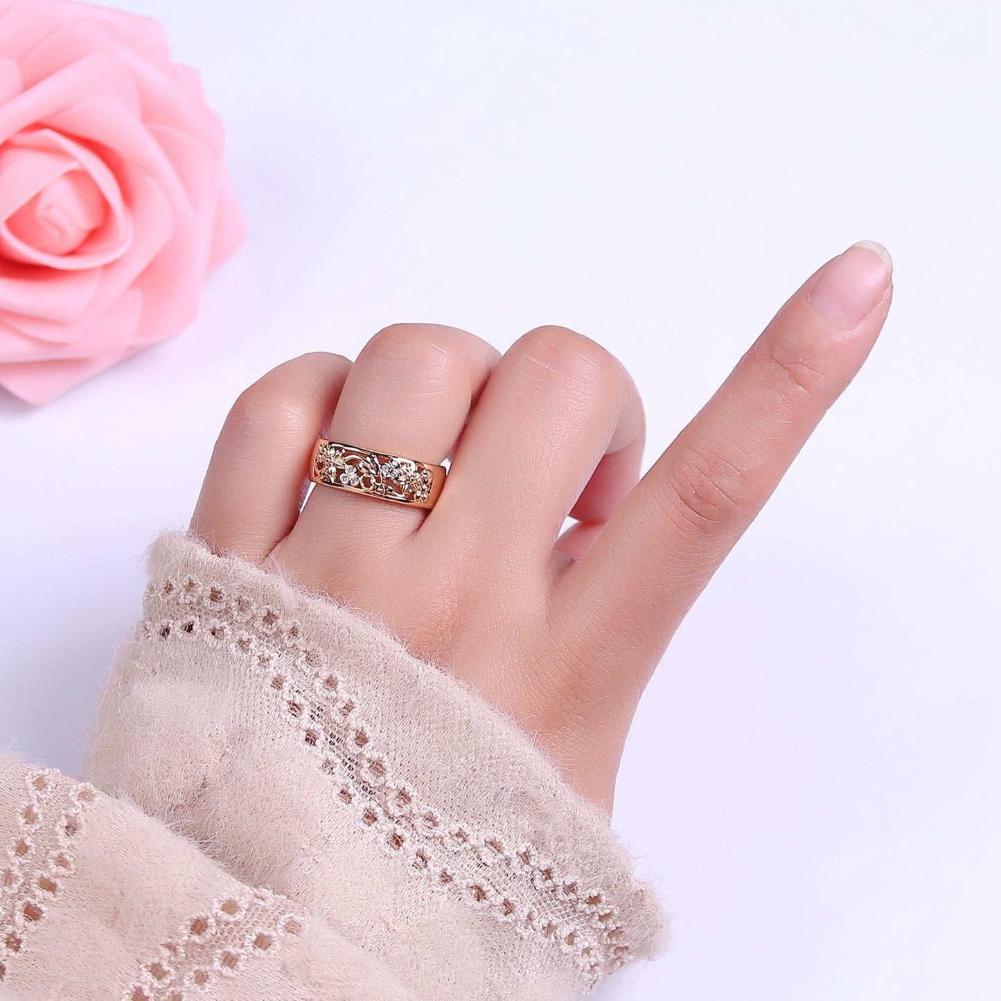 Dainty Art Deco Ring Flower Carved Design 18k Gold Filled Open Adjustable Ring O-2076