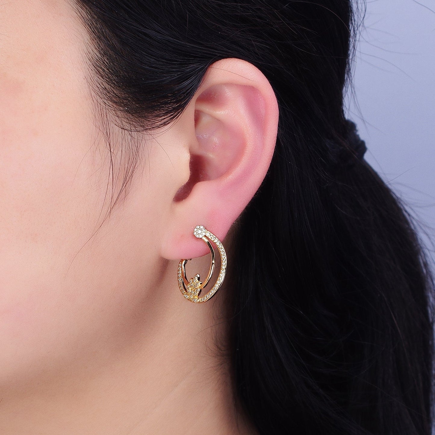 16K Gold Filled Plant Double Bar Micro Paved CZ Front-Facing Hinge Hoop Earrings in Gold & Silver | AD901 AD902