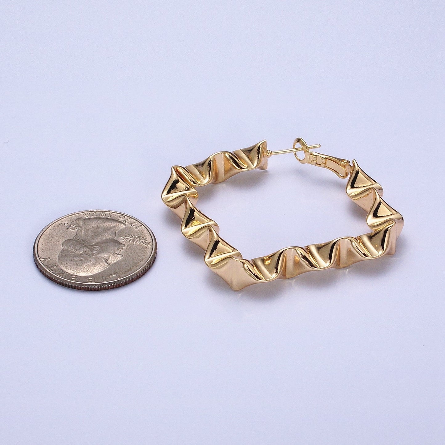 Gold Wavy Rhombus Hoops Lever Back Hoops Statement Gold Hoops 16K Gold Filled Earring 41mm AD996 AD997