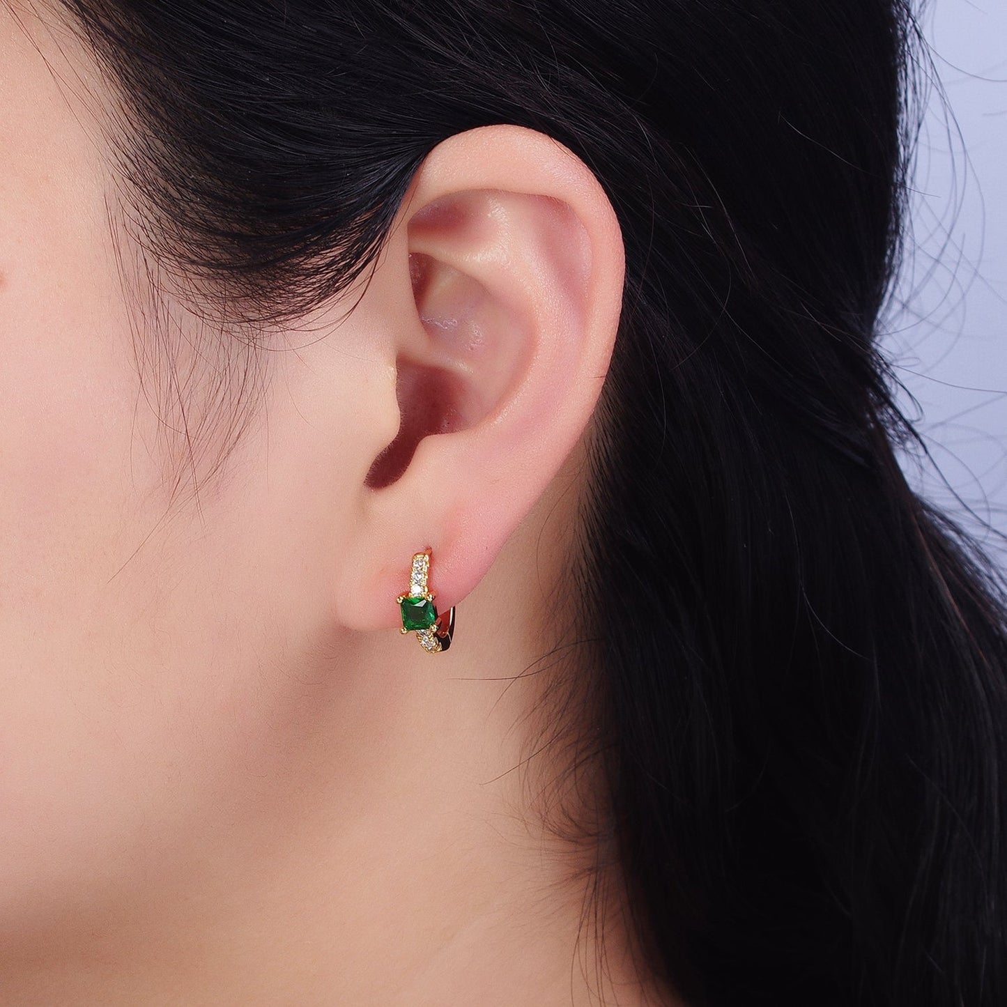16K Gold Filled Emerald Green Square CZ Micro Paved Cartilage Huggie Earrings in Gold & Silver | AB815 AB657