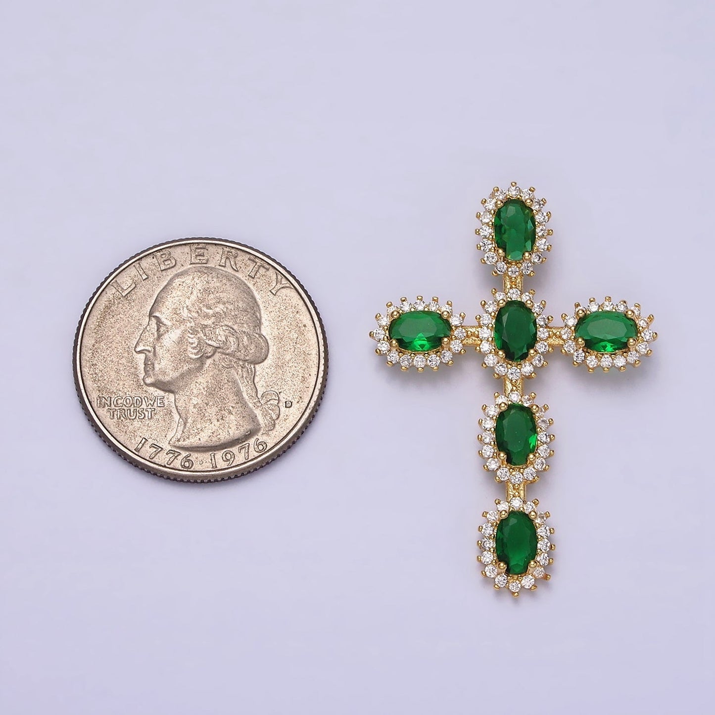 16K Gold Filled Emerald Green Oval Religious Cross Pendant in Gold & Silver | AA493 AA494