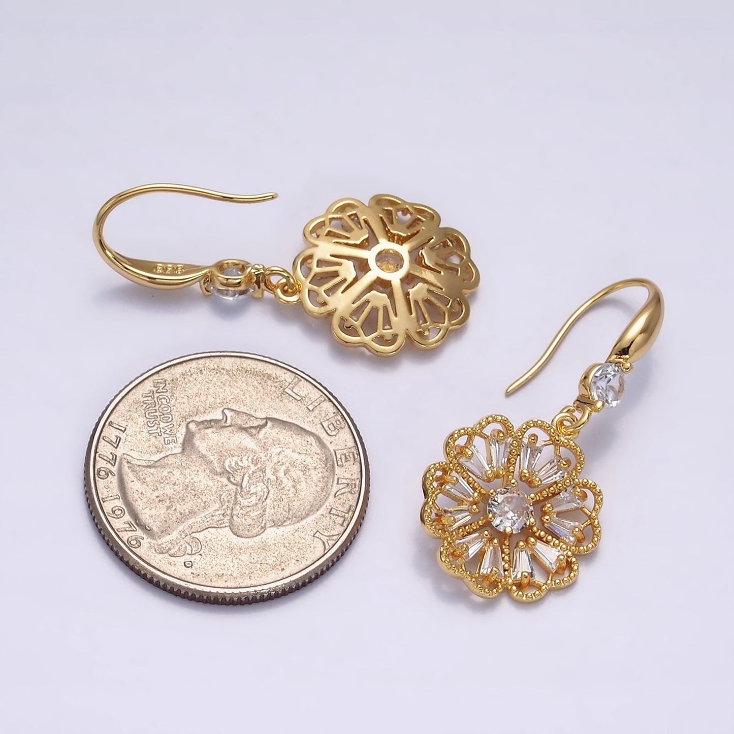 16K Gold Filled Open Flower Triangle Baguette Beaded CZ Drop French Hook Earrings in Gold & Silver | AD1548 AD1549